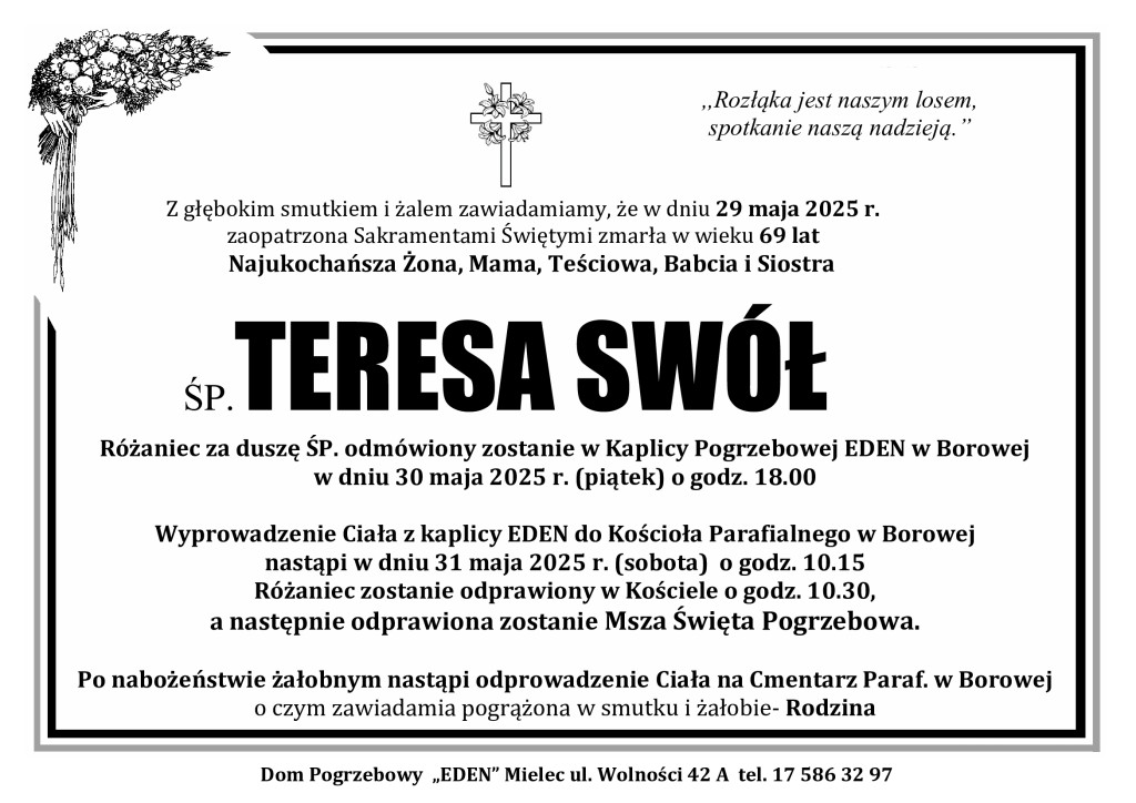Read more about the article ŚP. TERESA SWÓŁ