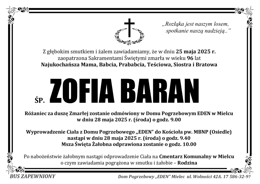 Read more about the article ŚP. ZOFIA BARAN