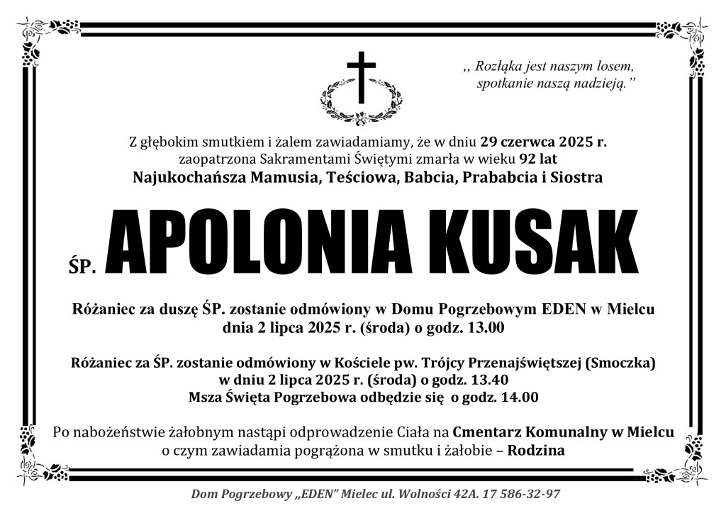Read more about the article ŚP. APOLONIA KUSAK