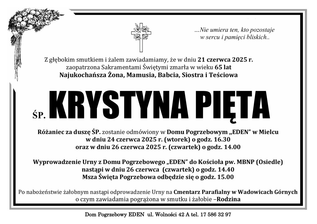 Read more about the article ŚP. KRYSTYNA PIĘTA