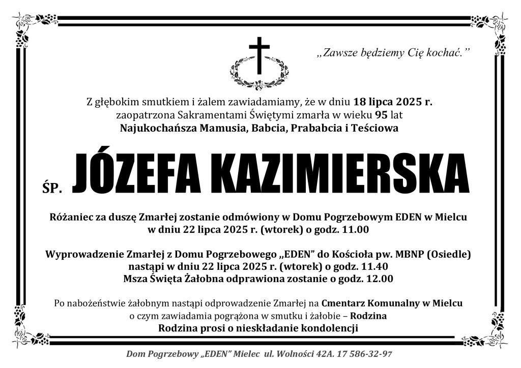 You are currently viewing ŚP. JÓZEFA KAZIMIERSKA