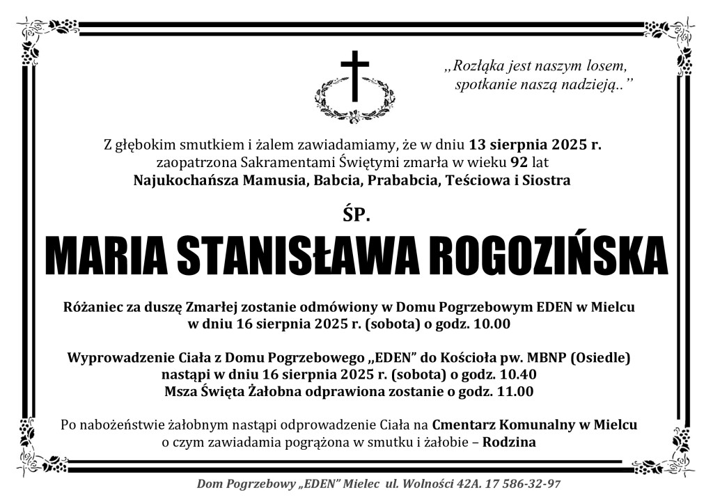 You are currently viewing ŚP. MARIA STANISŁAWA ROGOZINSKA