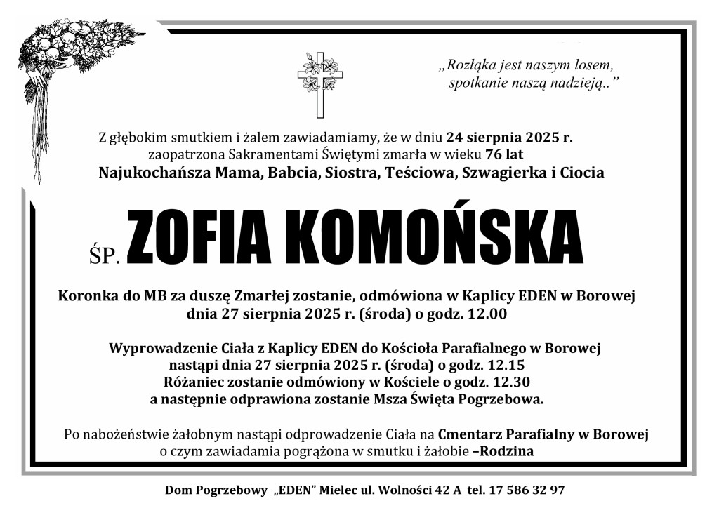 Read more about the article ŚP. ZOFIA KOMOŃSKA