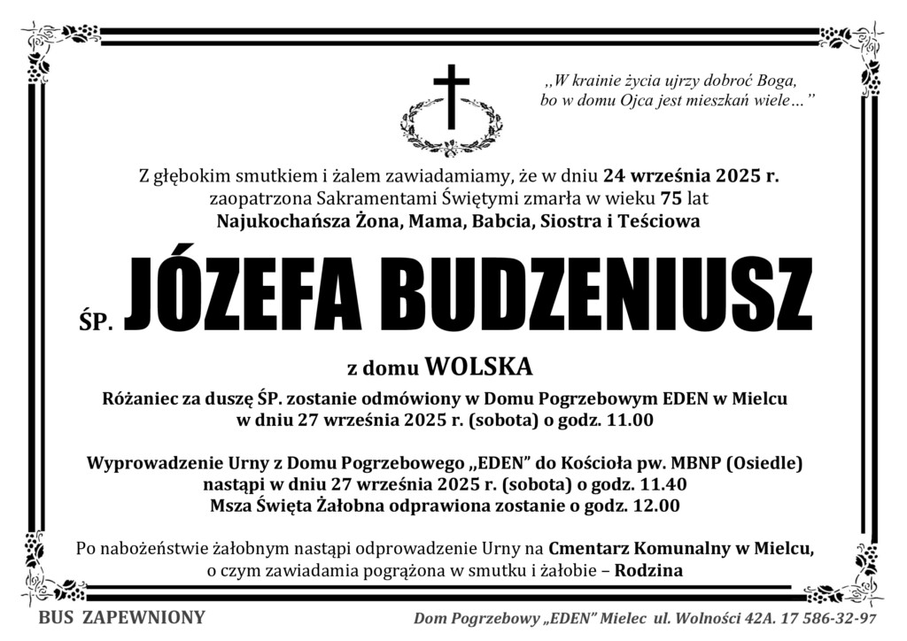 Read more about the article ŚP. JÓZEFA BUDZENIUSZ