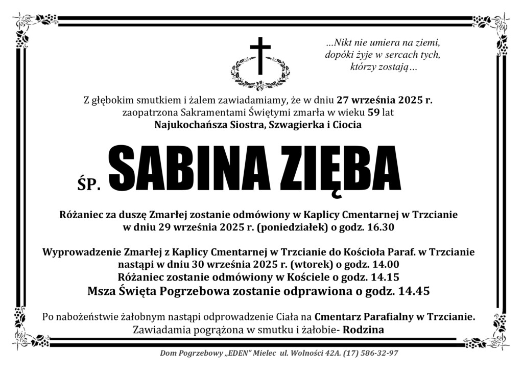Read more about the article ŚP. SABINA ZIĘBA