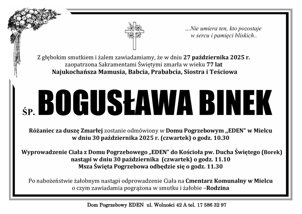 Read more about the article ŚP. BOGUSŁAWA BINEK