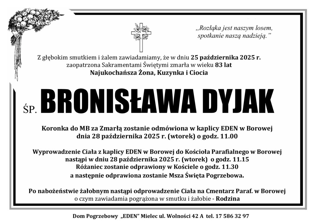 Read more about the article ŚP. BRONISŁAWA DYJAK
