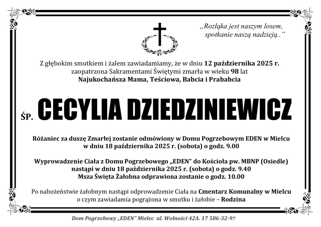 Read more about the article ŚP. CECYLIA DZIEDZINIEWICZ