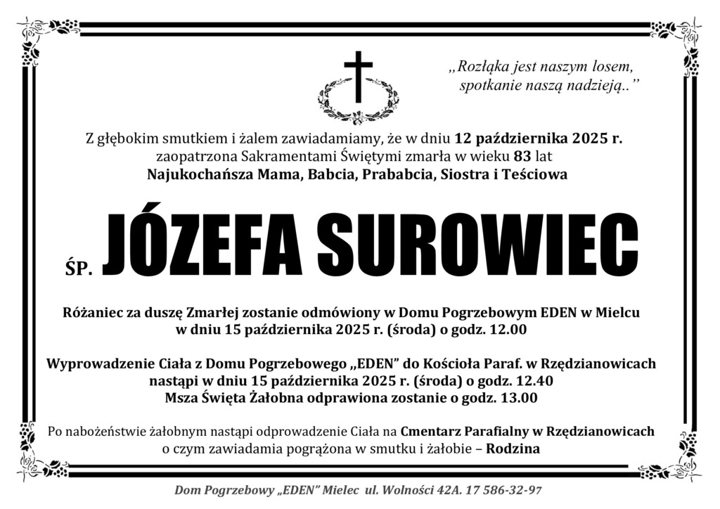 Read more about the article ŚP. JÓZEFA SUROWIEC