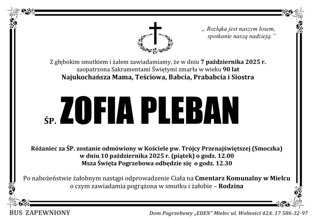 Read more about the article ŚP. ZOFIA PLEBAN