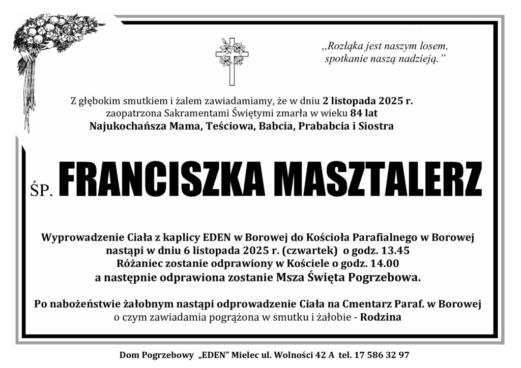 Read more about the article ŚP. FRANCISZKA MASZTALERZ