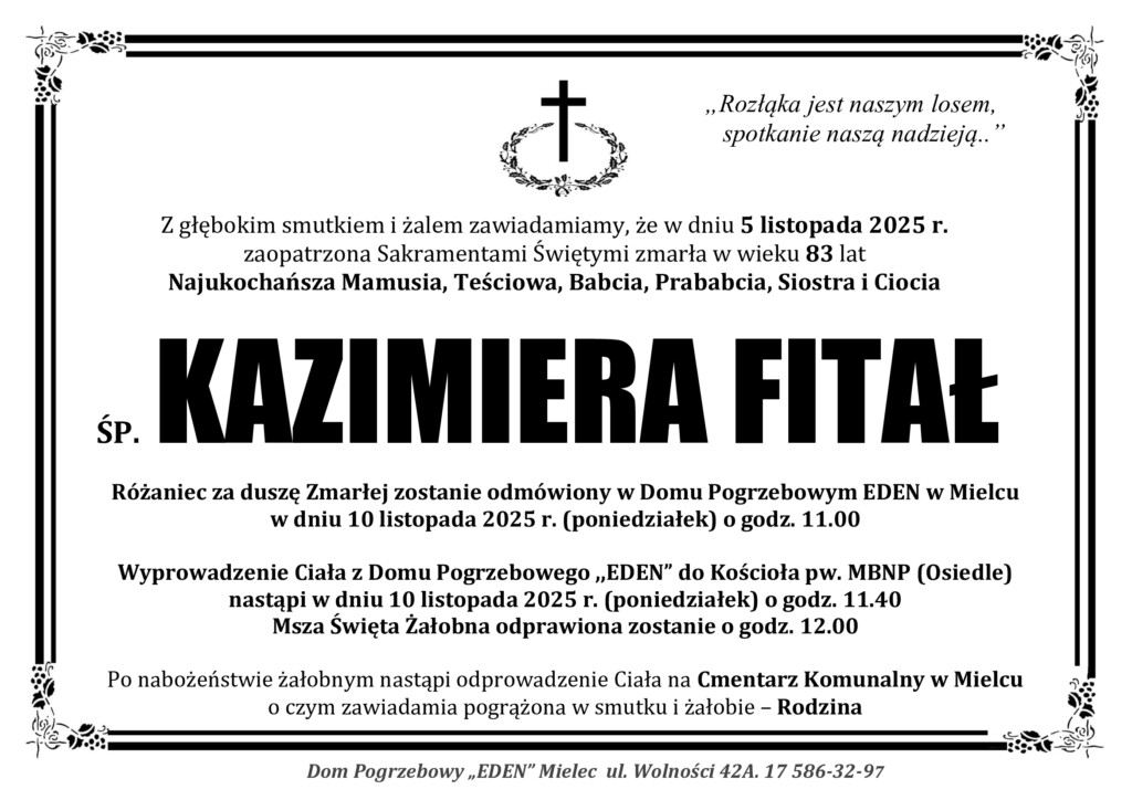 Read more about the article ŚP. KAZIMIERA FITAŁ