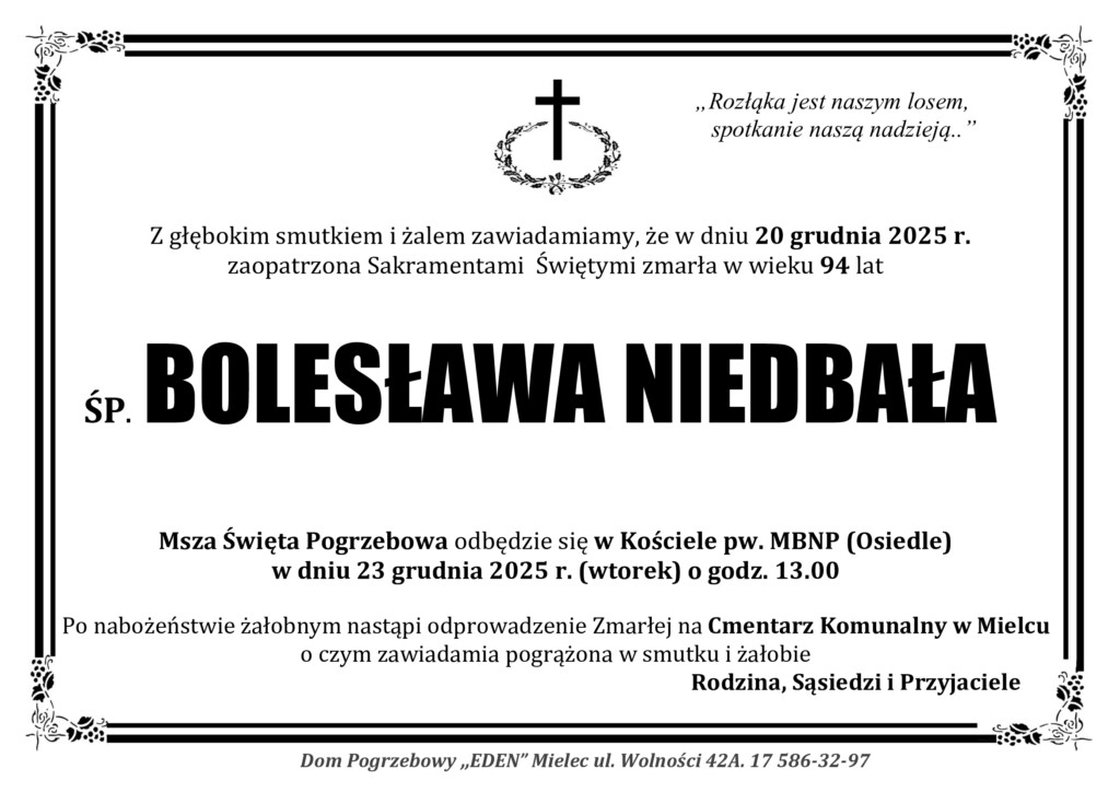 Read more about the article ŚP. BOLESŁAWA NIEDBAŁA