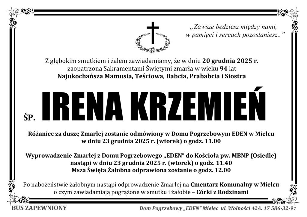 Read more about the article ŚP. IRENA KRZEMIEŃ
