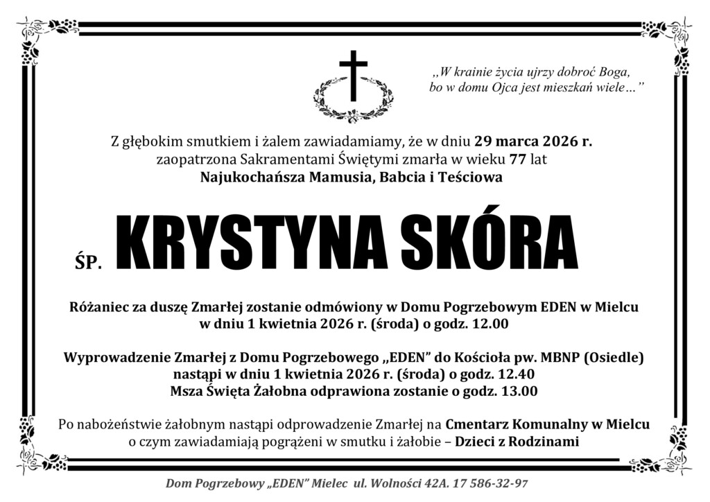 Read more about the article ŚP. KRYSTYNA SKÓRA