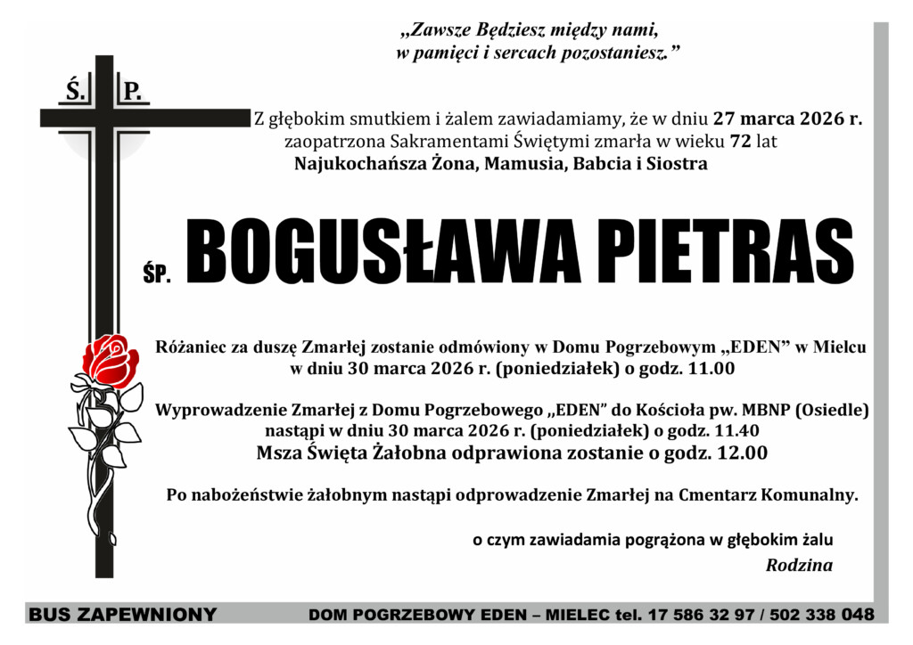 Read more about the article ŚP. BOGUSŁAWA PIETRAS